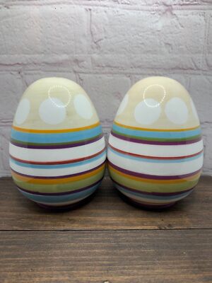 Vintage Ceramic Large Egg Salt & Pepper Shakers-Multi-Color Stripes