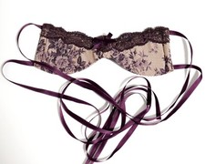 Luxury purple satin soft sleep mask made in Italy with lace trim bow and ribbons