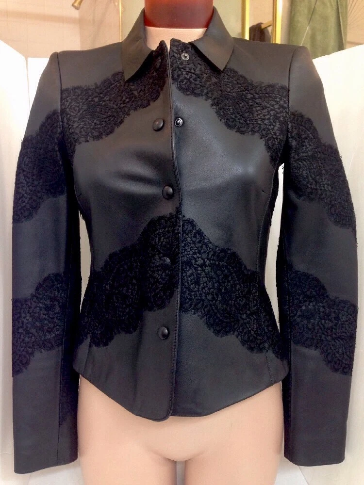 Giacca Valentino in pelle nera con pizzo a scatto taglia 2