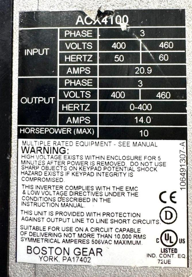 Boston Gear ACX4100 AC Drive Output 400-460V 14A 10HP 3 fases usado Foto 3 de 3