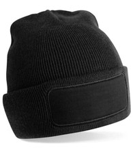 Image of Recycled Patch Knitted Beanie Beechfield Original Ski Hat BLACK GREY or BLUE