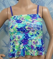 O'RAGEOUS blue/green/purple abstract flower ruffle bottom strap tankini top,14