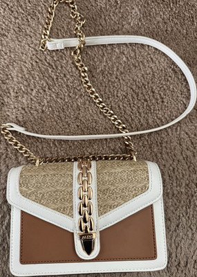 Aldo Chain Strap Shoulder Bag Braided Turn Lock Gold Hardware Beige White Brown