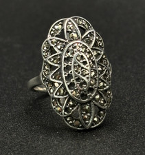 Sterling Silver Marcasite Art Deco Ring Stone / Crystals Size UK M