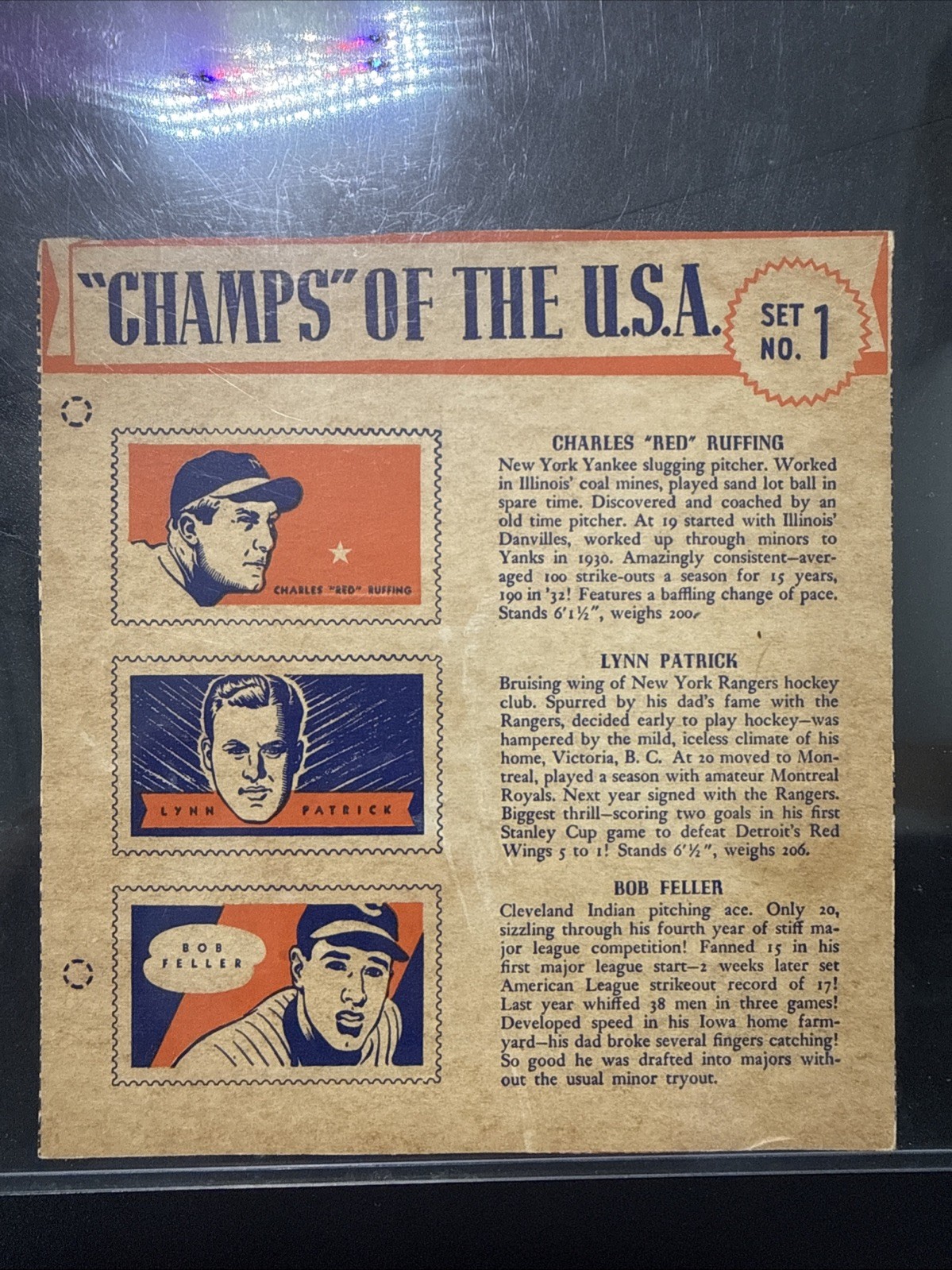 1940 Wheaties "Champs of the USA" -#1 RED RUFFING, LYNN PATRICK, BOB FELLER