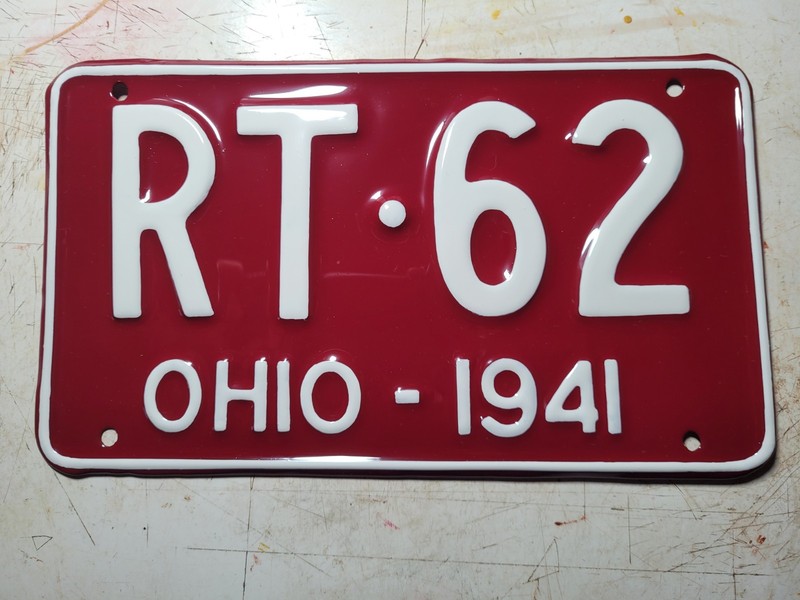 1941 Ohio license plate  number RT 62  nice correct repaint..10 inch plate