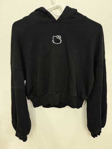 Hello Kitty Hoodie Womens Large Black Forever 21 Bow Ears Cropped Pullover Cute
