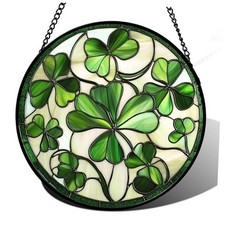 Stained Glass Window Hanging - Ireland Green Lucky 9.8x9.8 IN Green and White