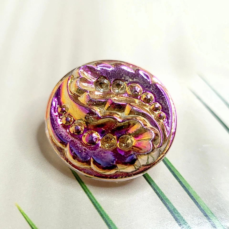 Button 26mm Purple and Yellow Czech Glass Button Art Deco Style - Image 2 of 4