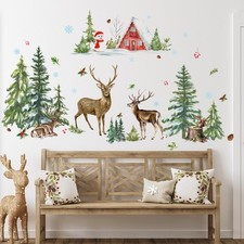 Merry Christmas Wall Decal Pine Tree Deer Wall Sticker Peel and Stick Woodlan...