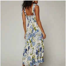 Reformation Dress Womens Size 2 Blue Floral Nadira Midi Smocked Tie Strap