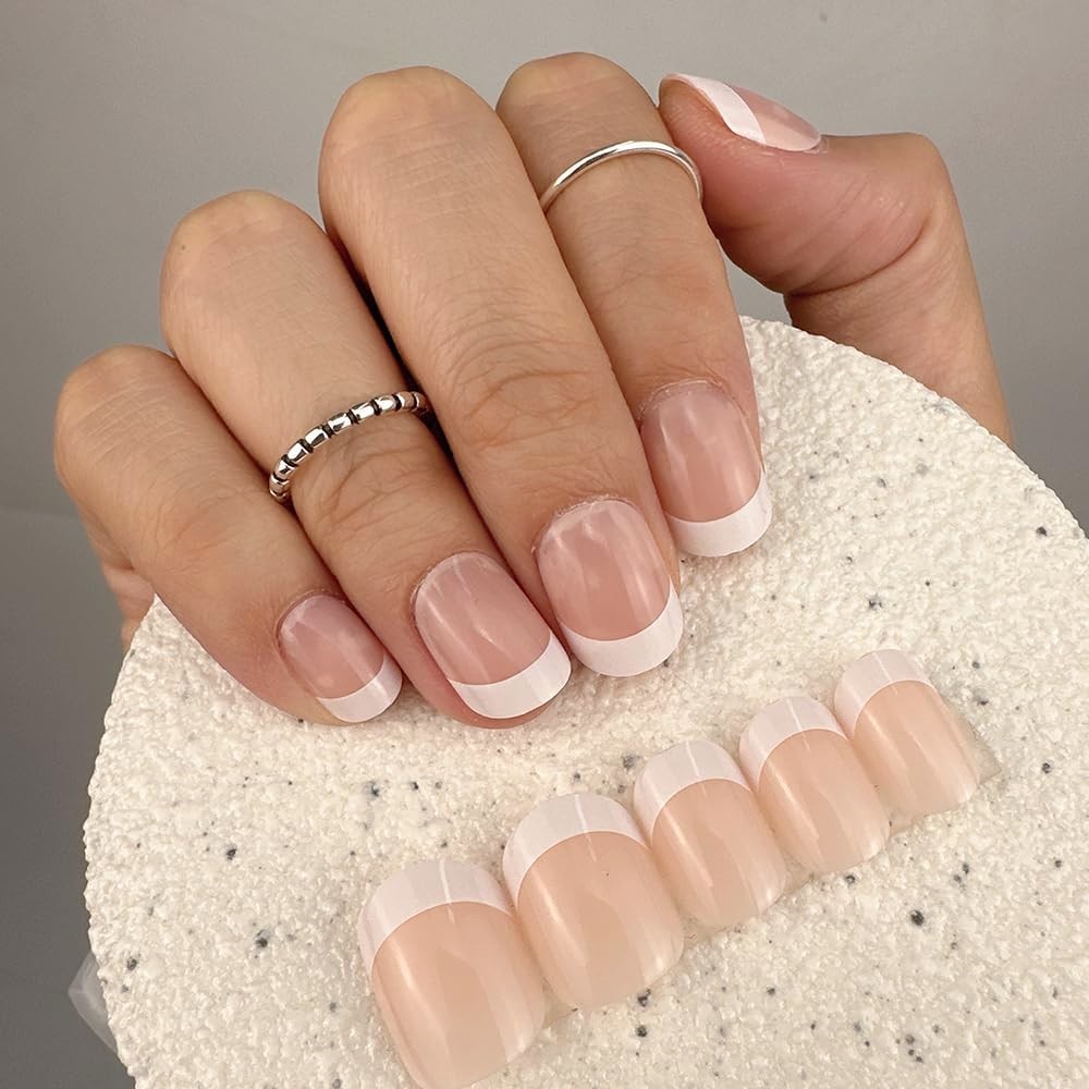 Curvlife Press on Nails 30Pcs Short Square French Natural Acrylic Fake Nails 