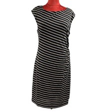 NWT LOFT casual dress petite size L black tan stripes ruched waist soft stretch