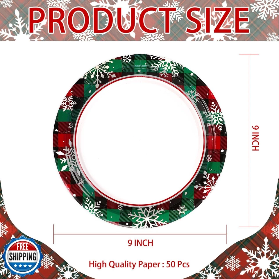 50 Pcs Christmas Buffalo Plaid Snowflake Paper Plates 9" Red and  - Image 3 of 4
