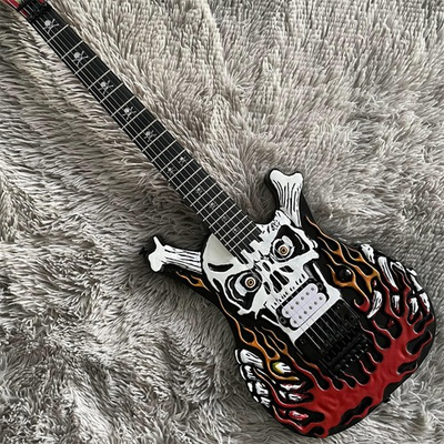 #ad Flame Skull Pattern Electric Guitar Basswood Body H Pickups Black Parts $239.00