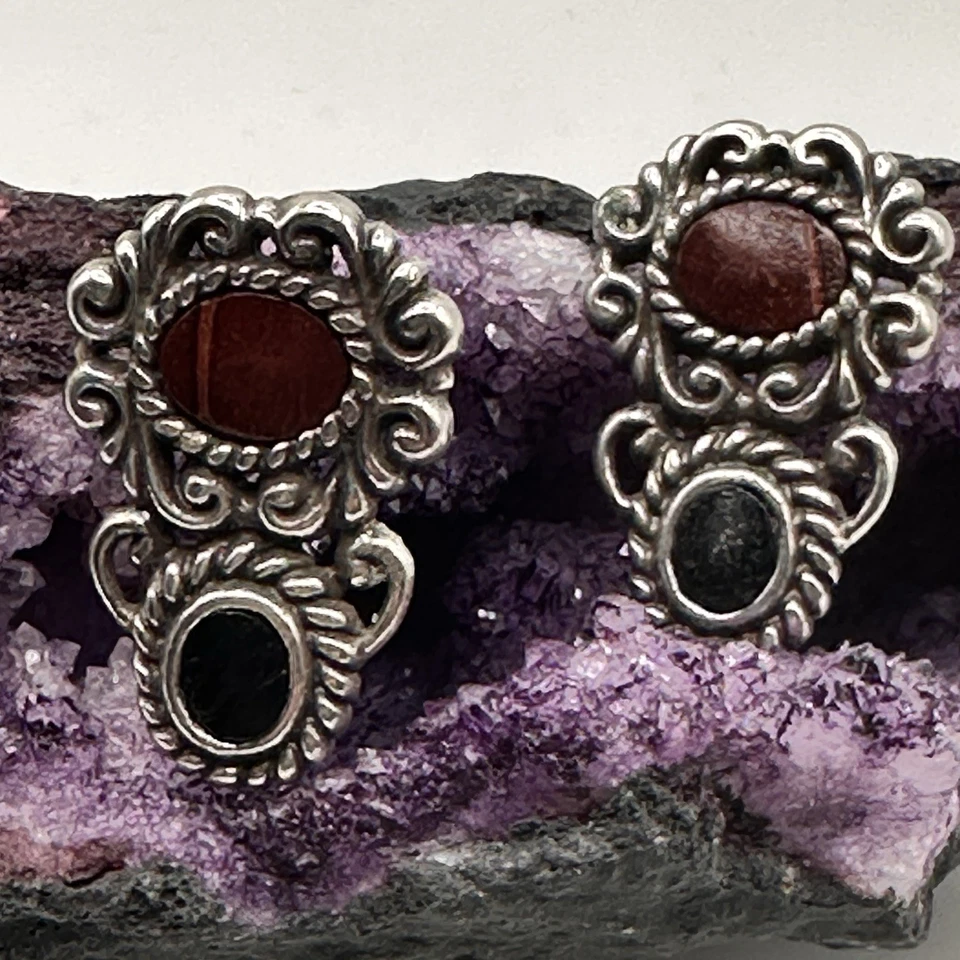 Brighton Leonardo Earrings Silver Filigree Leather Cabochon Croc Embossed - Image 3 of 4