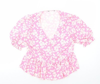 Getragen Damen Rosa Blumen Polyester Basic Knopfleiste Größe M V-Ausschnitt
