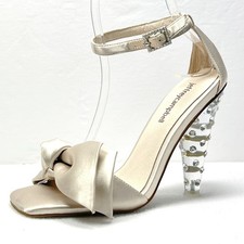 Jeffrey Campbell Queening Sandals 6 Champagne Satin Bow Rhinestone Lucite Heels