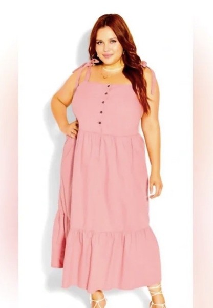 City Chic Ladies Dress Size L Pink Denim Midi Shoulder Tie Buttons 100% Cotton