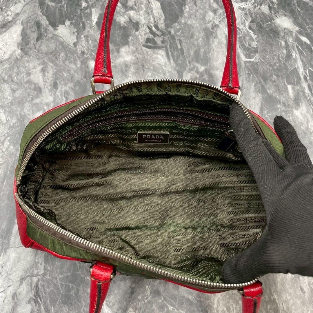 PRADA Women's Boston Bag Handbag Nylon Leather Khaki Red Used Authentic thumbnail 8