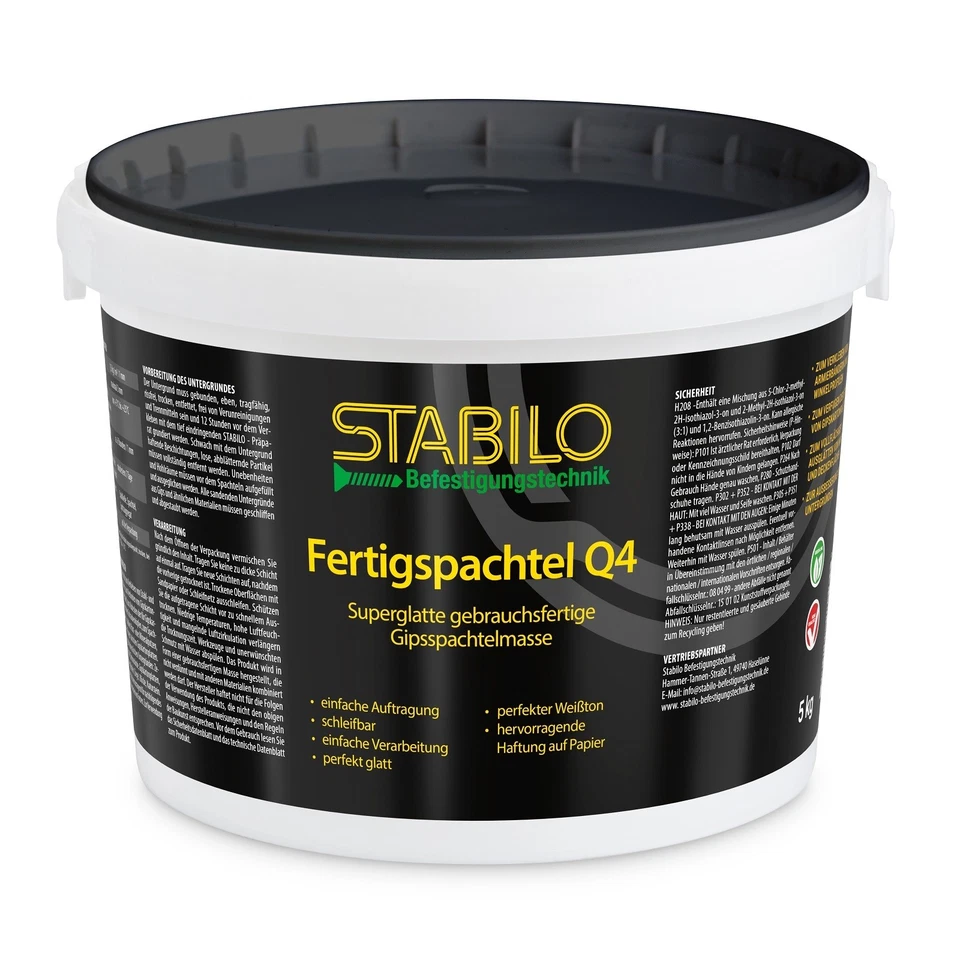 STABILO BEFESTIGUNGSTECHNIK Gebrauchsfertige Spachtelmasse 1-20 kg Gipsspachtel Fertigspachtel Q4 weiß