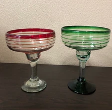 2 Hand Blown Glass Mexican Margarita Glasses Red & Green Stripes Thick Glass