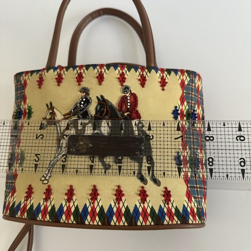 Bueno Borsa Equitazione Cavallo da Corsa Jockey Tessuto Marrone Ecopelle Argyle Perline - Foto 9 di 12