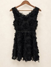 Black Textured Fringe Sleeveless Lace Trim Dress