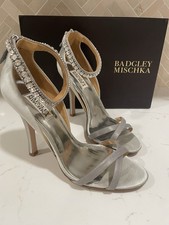 BADGLEY MISCHKA DECADENCE Silver Satin Designer EVENING Jeweled Pumps Size 8