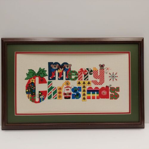 Merry Christmas Cross Stitch Wall Art Completed Framed Colorful - Picture 1 of 8