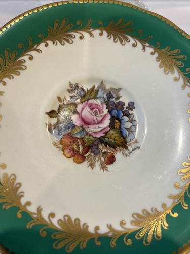 Vintage Aynsley Tea Cup & Saucer Green & Gold Signed By J.A. Bailey Roses - Picture 10 of 12