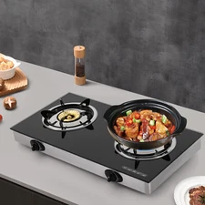 2-burner Gas Stove Countertop 2.5KW/h Black Portable Auto Ignition LPG Stove NEW