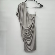 Express XS One Shoulder Mini Dress Womens Silver Metallic Ruched Draped Party