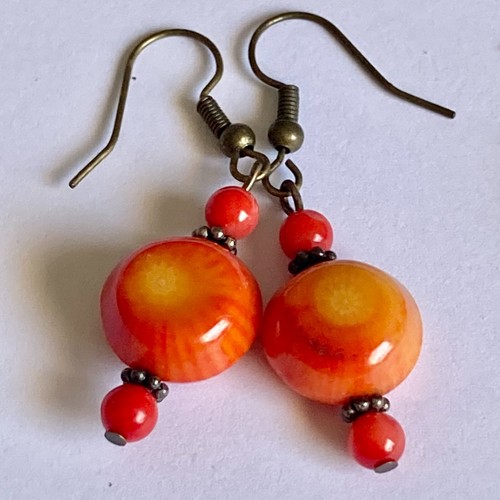Vintage Art Glass Bead Earrings Coral Red Orange Hand Made Bronze Plated - Picture 12 of 17
