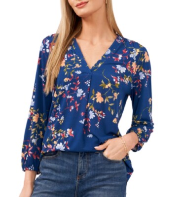 Two by Vince Camuto Ladies V-Neck Long Sleeve Blouse Black/White or Teal Floral