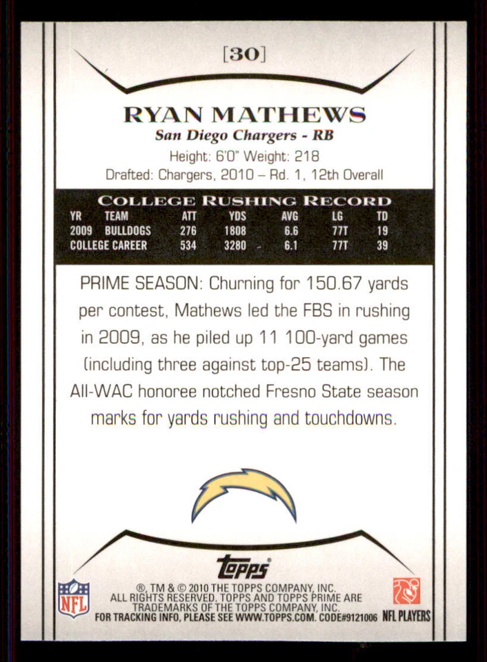 2010 Topps Prime #30 Ryan Mathews RC /999 - Image 2 of 2