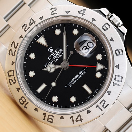 ROLEX MENS EXPLORER II 16570 GMT DATE 40MM STAINLESS STEEL BLACK WATCH