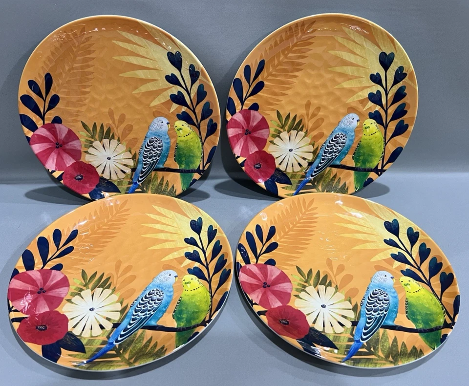 Pier 1 Imports Tropical Floral Bird Parakeet Melamine DINNER PLATES-Set of 4-NEW - Image 3 of 4