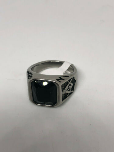 Vintage Men's Free Mason Ring Stainless Steel Black Jet Size 12.25 - Picture 2 of 3