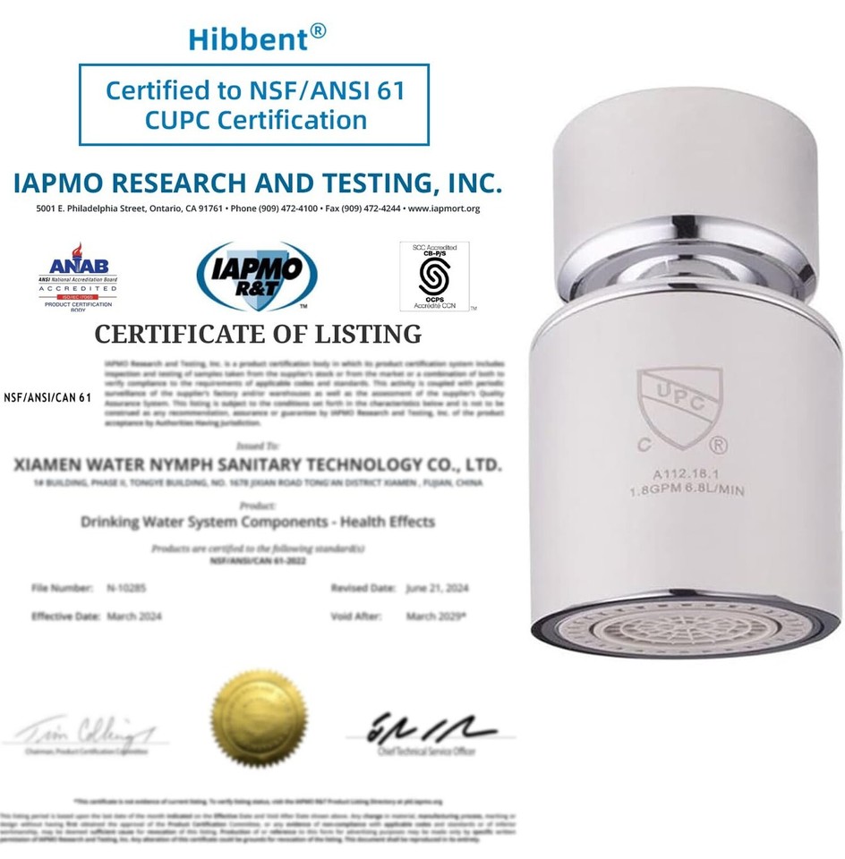 Hibbent NSF Certified Faucet Aerator, CUPC Certification 360 Degree