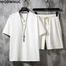 Summer Men Solid Color Cotton and Linen Two-Piece Loose Comfortable Sports Suit