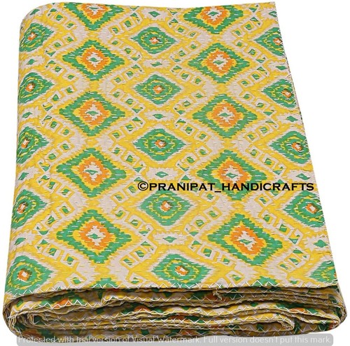 Queen Ikat Throw Summer Cotton Yellow Home Decor Blanket Kantha Quilt Bedspread - Picture 2 of 4