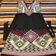 Vintage Stretch Dress Y2K Embellished Geometric Tribal Pattern Midi Babydoll