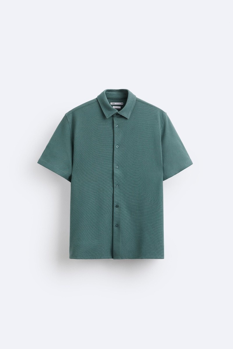 New Zara Check Textured Weave Shirt S 6462/500 Green short