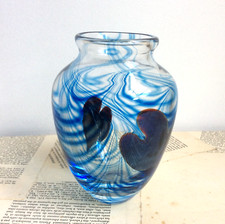 Vase Coeurs & Volutes Vintage Verre soufflé Bleu Signé Pierre Marion