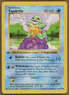 Squirtle 63/102 ~ Base Set (1st Edition - Shadowless) ~ Slight Play!!
