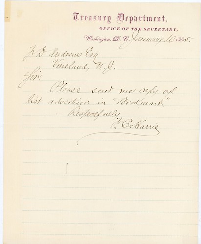 1885 US Treasury Dept Letter Signed F.C. Harris Washington DC FD Andrews Esq NJ