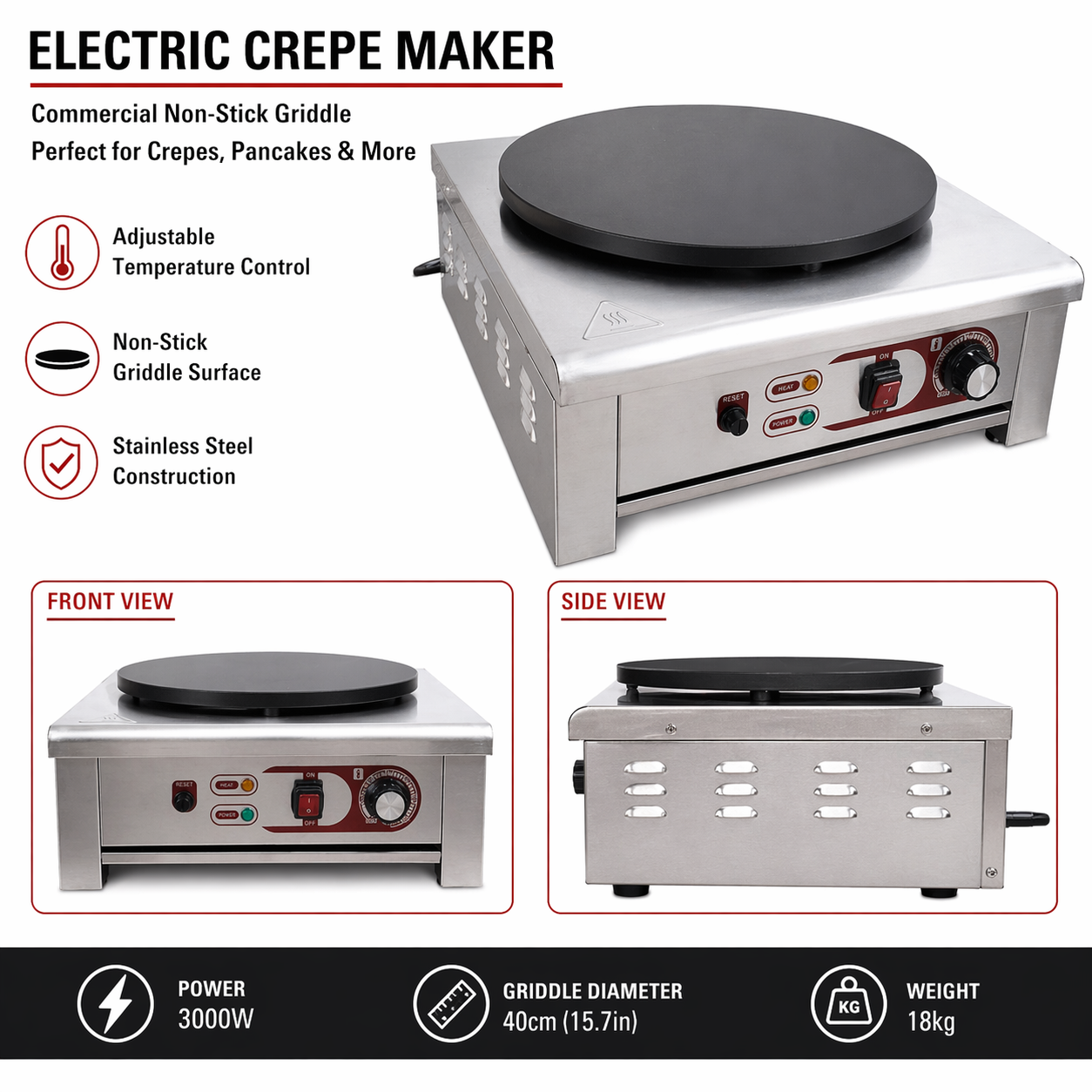 Single Hot Plate Crepe Maker Pancake Machine Commercial Electric 40cm Diameter