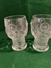 2-Vintage Anthropologie Helianthus Clear Water Goblet Glass Flower Design $