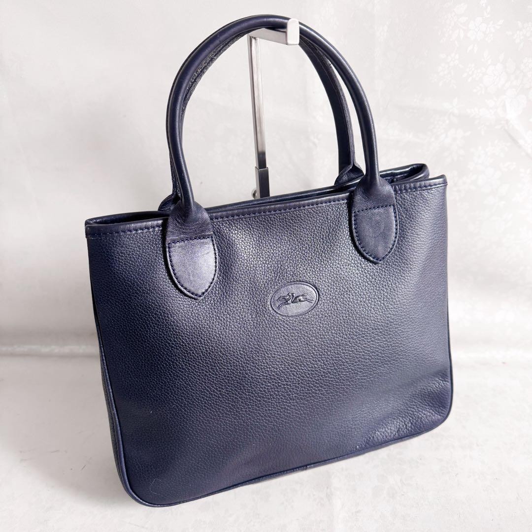 Longchamp Hand Bag Tote Purse Logo Leather Navy Authentic